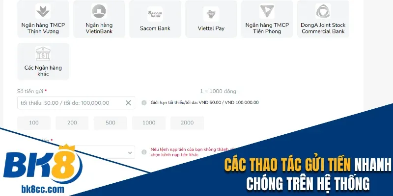 Các thao tác gửi tiền nhanh chóng trên hệ thống